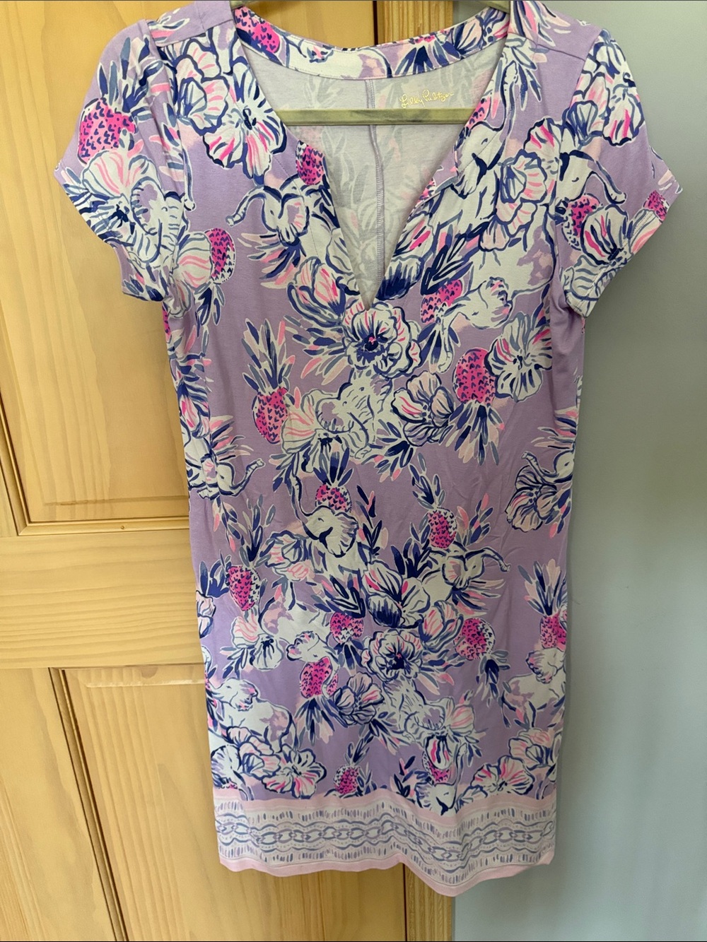 Lilly Pulitzer Lavender Floral Knit Shift Dress Notch Neck Size Small